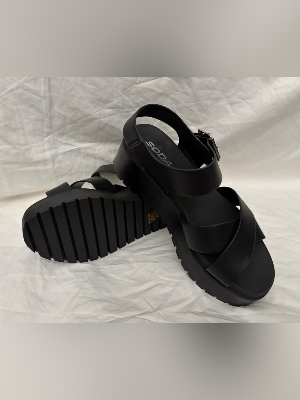 Soda Black Chunky Platform Sandals with Buckle